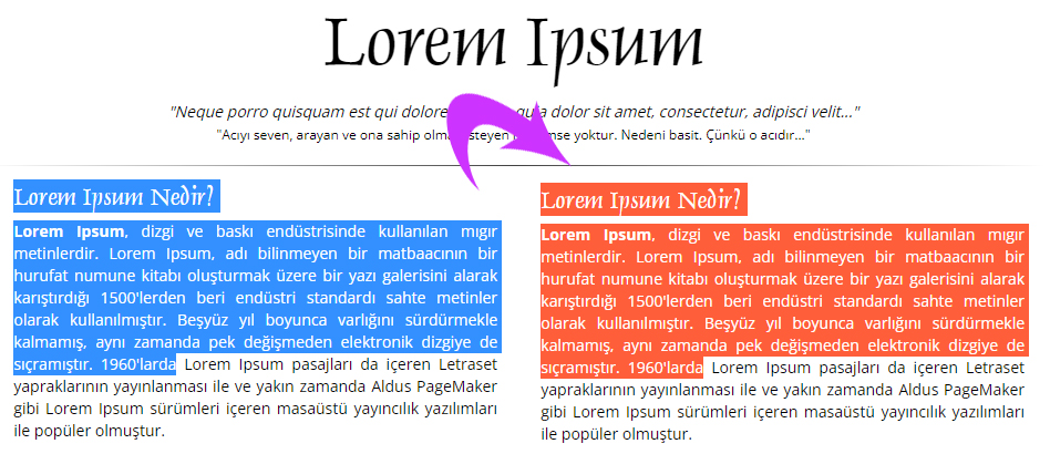 Css ile seçilen yazıların rengini değiştirme