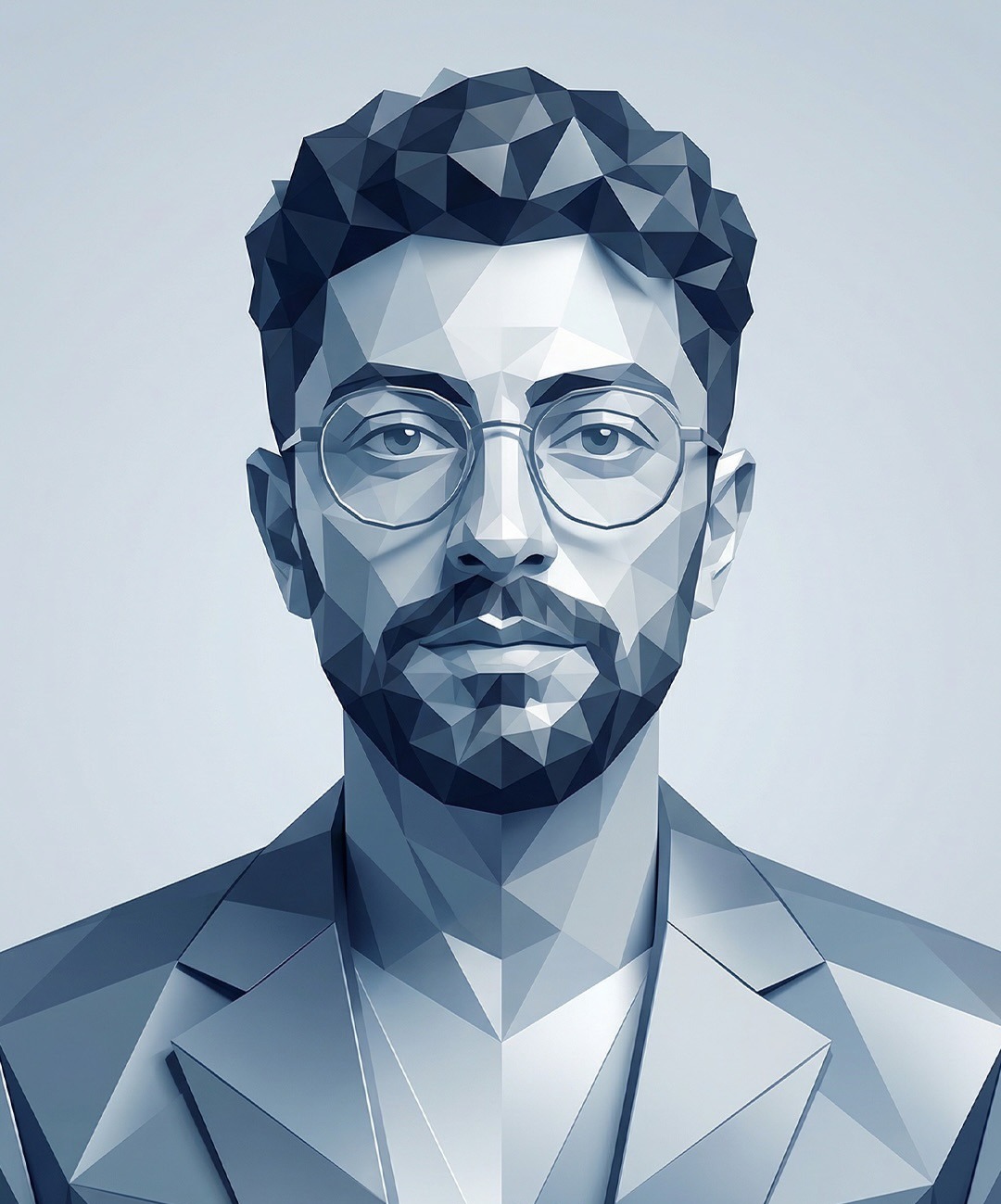 Create a 4K Ultra-DSLR-Quality Stylized Geometric Low-Poly Portrait of the Same Man from the Uploaded Image